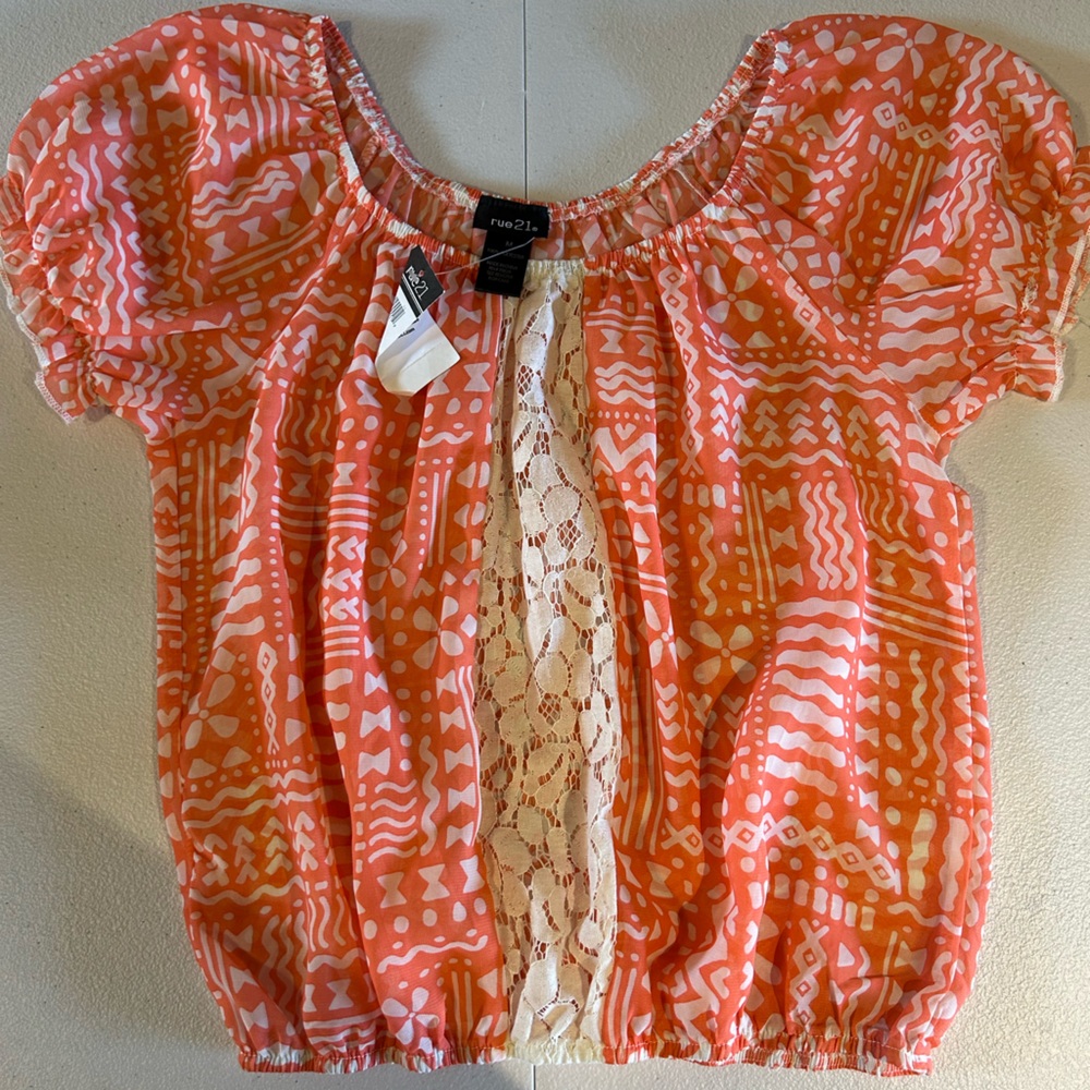 Rue21 Orange Tribal Print Blouse with Lace